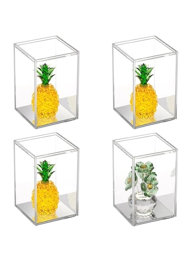 OGANAZI 4 Pack Clear Acrylic Stackable Display Boxes with Sliding Lid and Mirror Bottom, Display Storage Boxes Stand, Transparent Showcase for Action Figures, Figures Toys, Shells, 7.6*7.6*11.8cm