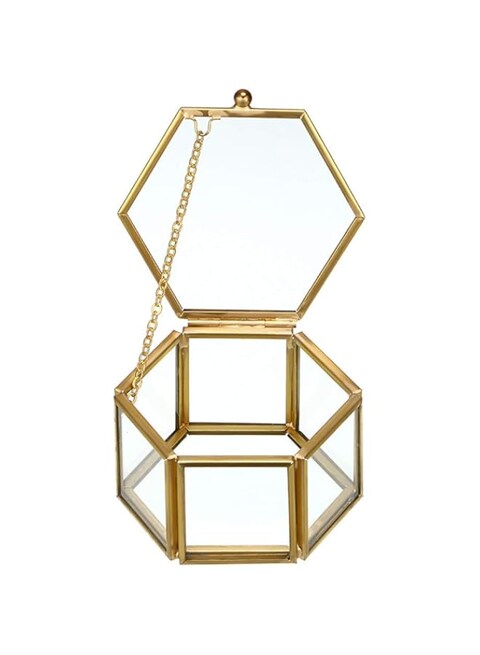 Vintage Glass Jewelry Box - Golden Hexagonal Jewelry Display Organizer Keepsake Box Home Decorative Box Case for Storage Trinket Ring Earring Chest