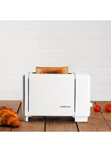 Olsenmark 2 Slice Bread Toaster, Automatic Pop-Up, Ombt2492 Mid Cycle Cancel Function Hinged Crumb Tray Cool Touch Panel Variable Browning Control, White