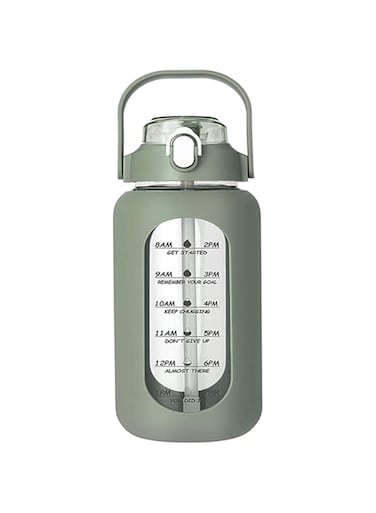 Tazweeq 64 oz Glass Water Bottle with Time Marks, Leak-proof, Durable, BPA-Free for Gym, School, Workout, and Outdoor Activities, 60 oz Capacity with Handle, Silicone Case, and Measured Drinking Scale