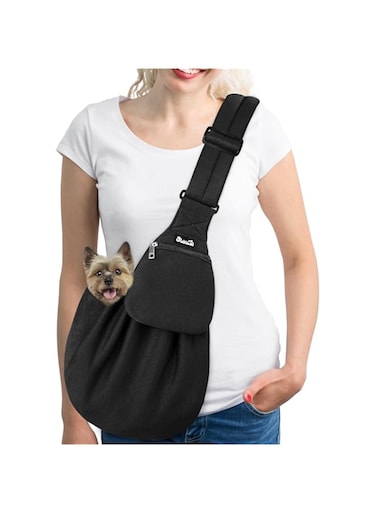 Lukovee Pet Sling, Hand Free Dog Sling Carrier Adjustable Padded Strap Tote Bag, Shoulder Bag with Front Pocket Safety Belt Carrying Small Dog Cat Puppy Machine Washable (Black-WY,S)