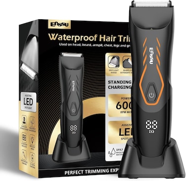 ENSSU Body Hair Trimmer For Men, Electric Groin Hair Trimmer, Ball Trimmer with Skin-Safe Ceramic Blade &amp; Wireless Charging Dock, Waterproof Body Groomer for Groin, Chest, Beard &amp; Pubic Hair (Orange)