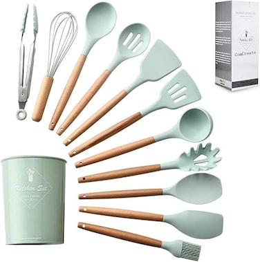 Silicone Cooking Kitchen 11PCS Wooden Utensils Tool for Nonstick Cookware,Cooking Utensils Set with Bamboo Wood Handles for Nonstick Cookware，Non Toxic Turner Tongs Spatula Spoon Set