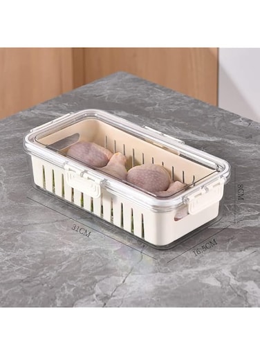 NEEMAY Refrigerator Organizer Box, Food Storage Container Fruit Storage Container for Fridge with 1 Drain Basket in One Container, Stackable Vegetable Strainers Box with Lid 1 Box/Set of White