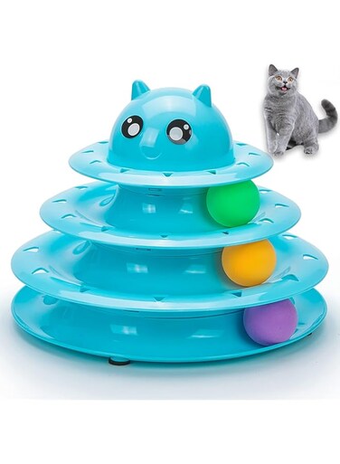 Coodipet Pet Interactive Fun Roller Exerciser 3 Level Cat Teaser Ball Toy with 3 Colorful Balls(Blue)