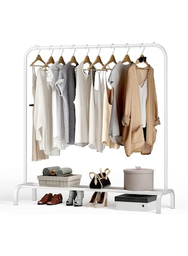Arabest Garment Rack, Single Rod Portable Coat Rack for Hanging Clothes, Space Saving Clothing Rack, Freestanding Hanger with Bottom Shelf, Heavy Duty Clothes Rack for Bedroom (White)