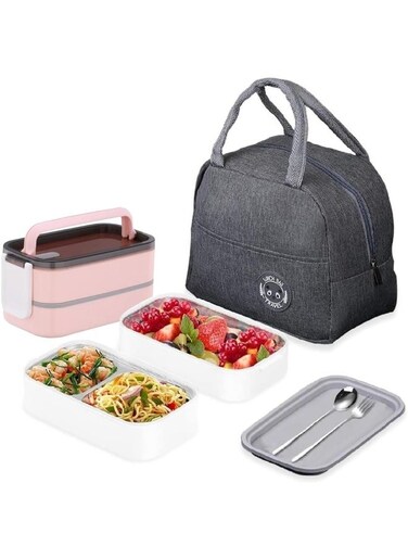 Stainless Steel Bento Lunch Box,1400ml 2 Layer Meal Lunch Container With Bag,Pink