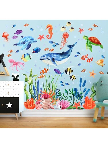 Kalolary Under The Sea Wall Decals Sea Turtle Whale Dolphin Starfish Wall Stickers 3D Coral Reef Ocean Grass Bubbles Wall Decals Wall Decoration for Wall Corner Nursery Room Children Bedroom Bathroom