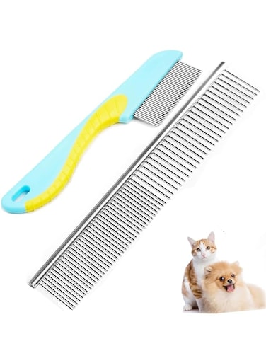 FENDOUNIU Dog Combs Cat Combs , Pets Flea Comb with Smooth Rounded Teeth, Pets Fur Comb with Half Dense Teeth and Half Wide Teeth, Stainless Rounded Teeth for Removing Flea Tangle and Knots (2 Pcs)