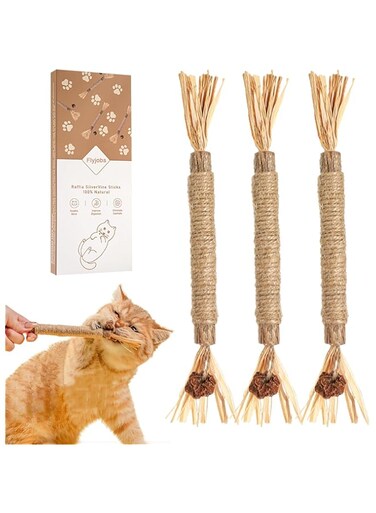 Flyjobs Catmint Natural Silvervine Sticks, Catnip Cat Chew Sticks for Teeth Cleaning, Matatabi Kitten Dental Interactive Toy for Cats Lick (3pcs)