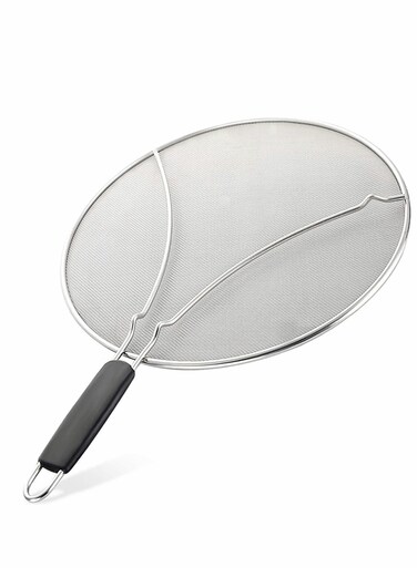 Steel Oil Splatter Guard with Silicone Handle - 99% Hot Oil Protection, Fine Mesh Frying Pan Shield, Kitchen Grease Screen with Resting Feet