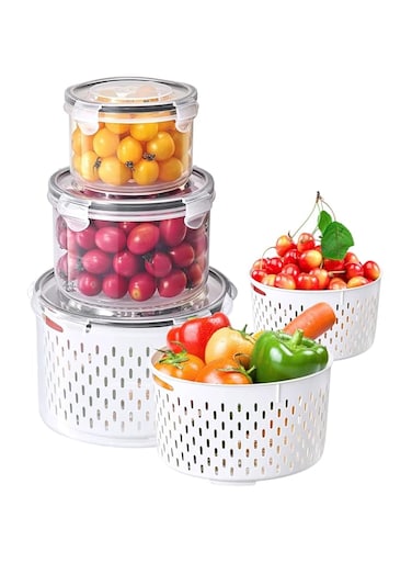 3Pcs Food Storage Containers,Fruit-Storage-Containers,Fridge Organizer with Removable Draining Colanders and Lid,Leakproof Fridge Organizer for Vegetables Salad Berry Meat Keep Fresh (Round-3pcs)