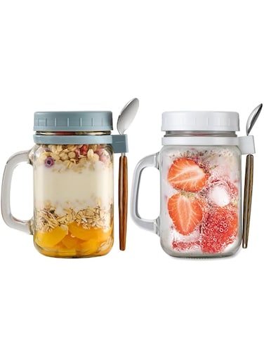 Hniuyun 2 Pack Overnight Oats Jars with Lids and Spoon, 16 oz Airtight Breakfast Jars with Handle, Mason Jars with Lid for Salads Cereal Milk Porridge Fruit