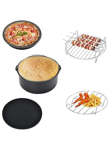 SKEIDO 7inch Home Air Fryer Accessories 5 Piece Accessories Baking Basket Pizza Plate Grill Rack Pot Mat