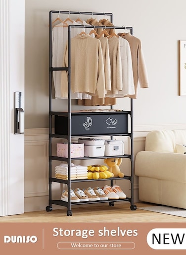 5-Tier Storage Shelf Double-Rail Clothes Rack, Clothing Garment Rack Metal Hanging Clothes for Boxes Shoes Boots Commercial Grade Multi-Purpose Entryway Shelving Unit for Home Office Bedroom