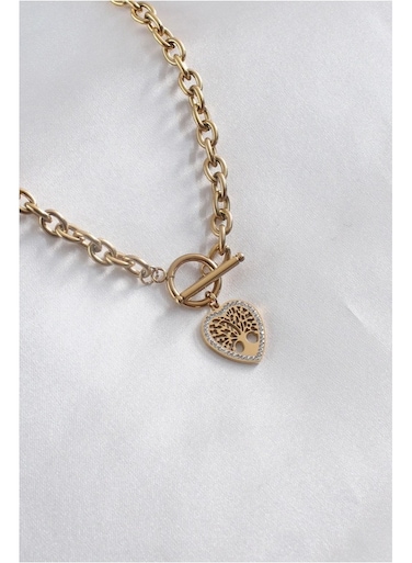 Steel Gold Heart Shaped Tree of Life Women Necklace