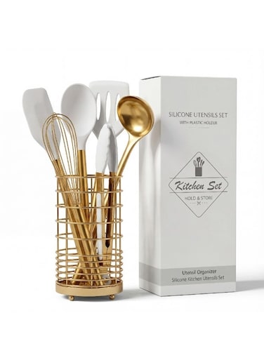 Design 7pcs White and Gold Silicone Kitchen Utensil Set with Gold Holder