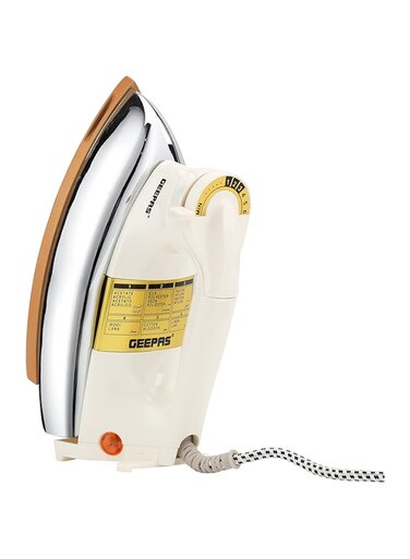 Geepas Automatic Dry Iron- GDI23011  Iron Box with Temperature Settings Dial and Auto Shut Off Function Suitable for All Kinds of Fabric 7 Years Warranty, White and golden