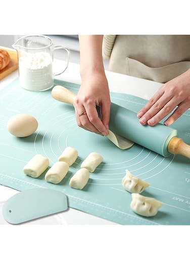 65*45cm Silicone Baking Mat+Rolling Pin+Dough Cutter 3 Pcs,Non-stick,Skidproof,Large Size,Waterproof,Measurement, Mint Green