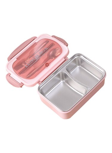 Divided Lunch Box With Tableware Set Pink/Silver 21.3x14.5x7.5cm
