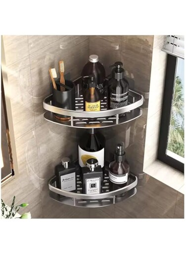 Corner Shower Caddy Shelf, Adhesive Bath Corner Black Bathroom Shower Rack, No Drilling Wall Mounted Shower Organizer, Rustproof Bath Storage Basket for Bathroom, Toilet, Kitchen - 2 Pack