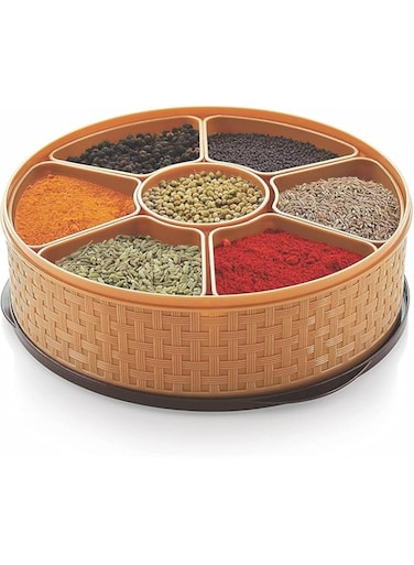 NOG Round Masala Box    Rangoli Dabba    Spice box for kitchen    Masala Boxes for Kitchen    Plastic Wooden Style Masala Box