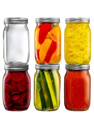 GLING Wide-Mouth Glass Mason Jars with Metal Airtight Lids [32 oz. - 1 quart Large - 6 Sets] for Canning, Preserving, &amp; Meal Prep