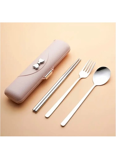 3pcs Stainless Steel Cutlery Set with Bowknot Design - Includes Spoon, Fork, Chopsticks &amp; Portable Case - Perfect for Travel &amp; Outdoor Dining