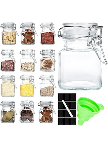 SKYLINK 12Pack 4oz Glass Spice Jars with Airtight Hinged Lids, Small Square Jars with Writable Labels, Chalk Marker &amp; Silicone Funnel for Spices, Herbs, Seasonings, and Kitchen Storage