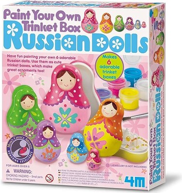 4M Paint Your Own Russian Trinket Box Kit &ndash; Paint And Decorate 6 Nesting Doll Trinket Boxes With 6 Paints &amp; Brush, Craft &amp; Collect Keepsake Set for Kids Ages 5+, Toysmith Model 3699