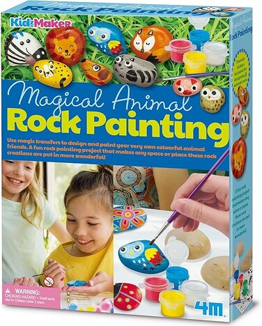 مجموعة تلوين أحجار الحديقة من 4M Kidz Maker - زيّن 8 أحجار على شكل حيوانات باستخدام شريط طلاء وفرشاة وملصقات نقل سحرية - من عمر 5 سنوات فما فوق