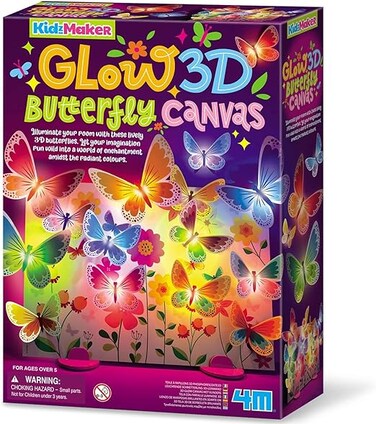 4M Kidz Maker 3D Glow Butterfly Canvas Craft Kit &ndash; Create Light‑Up Butterfly Artwork With LED String, Template, Stands &amp; Adapters, Ideal DIY Room D&eacute;cor &amp; STEM Craft for Kids Ages 5+