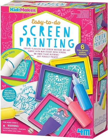 4M Kidz Maker Easy to Do Screen Printing Kit &ndash; Create Safari Animal Silk-Screen Designs on Fabric With Sticky Mesh Screens, Paints &amp; Cloth, Beginner Craft And STEM Art Kit for Kids Ages 5&ndash;14