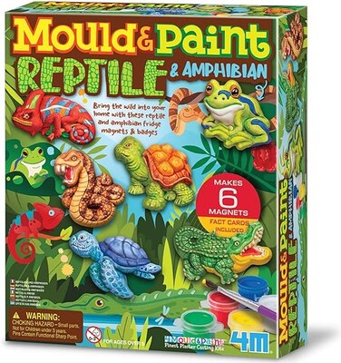 مجموعة 4M لتشكيل وتلوين الزواحف والبرمائيات - صبّ ولون 6 مجسمات للزواحف والبرمائيات على شكل مغناطيس أو شارات، حرفة يدوية من الجبس للأطفال من سن 5 إلى 12 عامًا مع بطاقات معلومات وألوان.