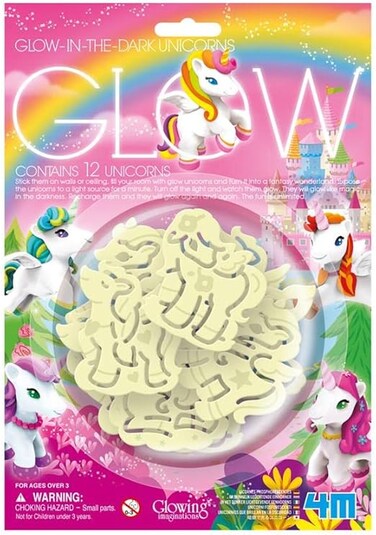 مجموعة ملصقات جدارية وسقفية سحرية من 4M على شكل وحيد القرن تتوهج في الظلام - 12 قطعة - ديكور غرفة مضيء للأطفال من عمر 3 سنوات فما فوق - متعة إضاءة ليلية ساحرة