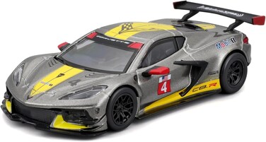 سيارة سباق شيفروليه كورفيت C8R موديل 2020 من مجموعة بوراجو B، بمقياس 1:43، مصنوعة من المعدن المصبوب، باللون الفضي/الرمادي/الأصفر