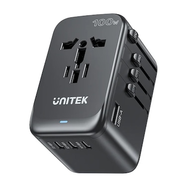 UNITEK GaN 100W Universal Travel Adapter with 4 USB-C PD &amp; USB-A Fast Charging Multi-Plug Worldwide