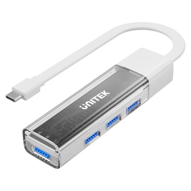 موزع UNITEK بـ 4 منافذ (USB-C / USB-A) ثنائي الاتجاه بسرعة 5 جيجابت في الثانية مع كابل قابل للفصل – أبيض