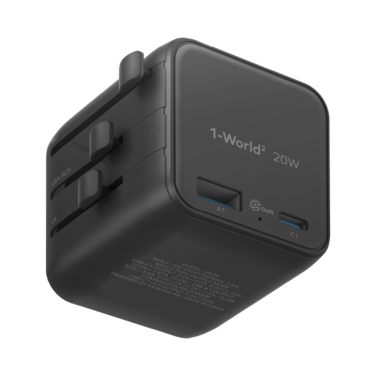 1-World 20W Universal 2 Port Travel Adaptor Volt 100-240V USB-C / USB-A - Black
