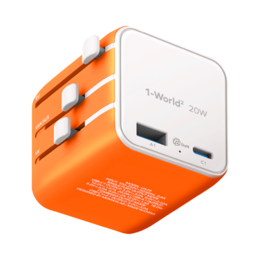 1-World 20W Universal 2 Port Travel Adaptor Volt 100-240V USB-C / USB-A - Orange