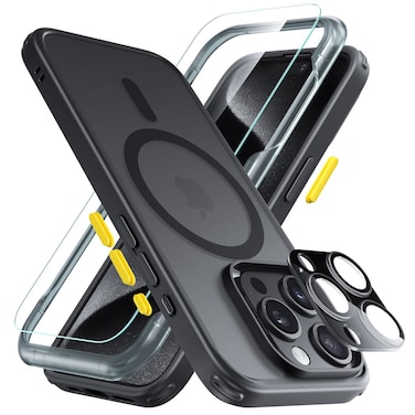 ESR Classic Pro Case (HaloLock) Set, Compatible with iPhone 15 Pro Max, Frosted Black (Set of Case, Screen Protector and 4 swappable buttons)