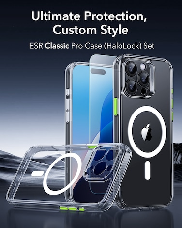 ESR Classic Pro Case (HaloLock) Set, Compatible with iPhone 16 Pro Max, Clear (Set of Case, Screen Protector and 4 swappable buttons)