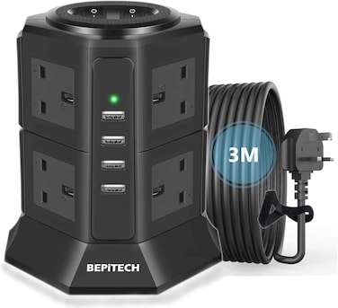 BEPiTECH 12-in-1 Power Tower Extension Cord with 3M Cable, 8 UK-UAE Sockets, 4 USB-A 22W Charging Ports, Surge-Protected Extension Lead, Power Outlet Strip for Large Plugs, Ideal for Office &amp; Home
