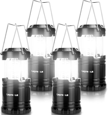 Lepro LED Camping Lanterns Battery Powered, Collapsible, IPX4 Water Resistant, Super Bright, Outdoor Portable Lights for Emergency, power outage flashlight survival kit, 4 Pack
