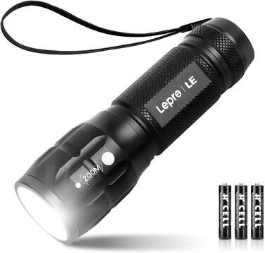 Lepro LED Torch Battery Powered, Small Bright Flashlight, Adjustable Focus, Water Resistant Pocket Torch, Lightweight Hand Torch for Power Cut, Camping, Dog Walking, Gifts for Kid Dad Men
