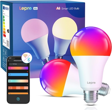 Lepro B3 AI Smart Bulb E27, 1521LM 12W (Replace 100W), Work with Alexa &amp; Google Assistant, Music Sync Bluetooth &amp; WiFi Bulb, Voice Control Screw Light Bulbs, Personalized AI Lighting Designer, 2 Packs