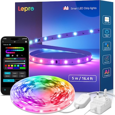 Lepro S1 AI Smart Rainbow LED Strip Light 5M, 30 LEDs/M, Music Sync, Works with Alexa &amp; Google Home, WiFi Bluetooth App Voice Control, AI Lighting Design Assistant, MagicColor LED Lights for Bedroom