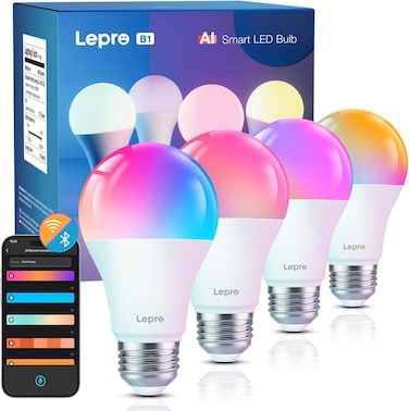 B1 AI Smart Bulb E27, 806LM 8.5W (Replace 60W), Music Sync Smart Screw Bulb, Voice Control Bluetooth &amp; WiFi Bulb, AI Lighting Design Assistant, Work with Alexa &amp; Google Assistant, 4 Packs
