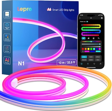 Lepro N1 AI Smart Rainbow Neon Light Strip 10M, 96 LEDs/M, Works with Alexa and Google Home, Music Sync, AI Lighting Design Assistant, IP65 LED Rope Light, MagicColor LED Lights, App &amp; Voice Control
