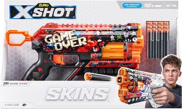 مسدس Xshot Skins Griefer - انتهت اللعبة، سهل إعادة التلقيم، مدى إطلاق نار يصل إلى 30 مترًا/ 98 قدمًا، مسدس رغوي للأطفال، يتضمن 12 سهمًا، مسدس سهام بماسورة دوارة ومكان للتخزين، مسدسات ألعاب للأطفال
